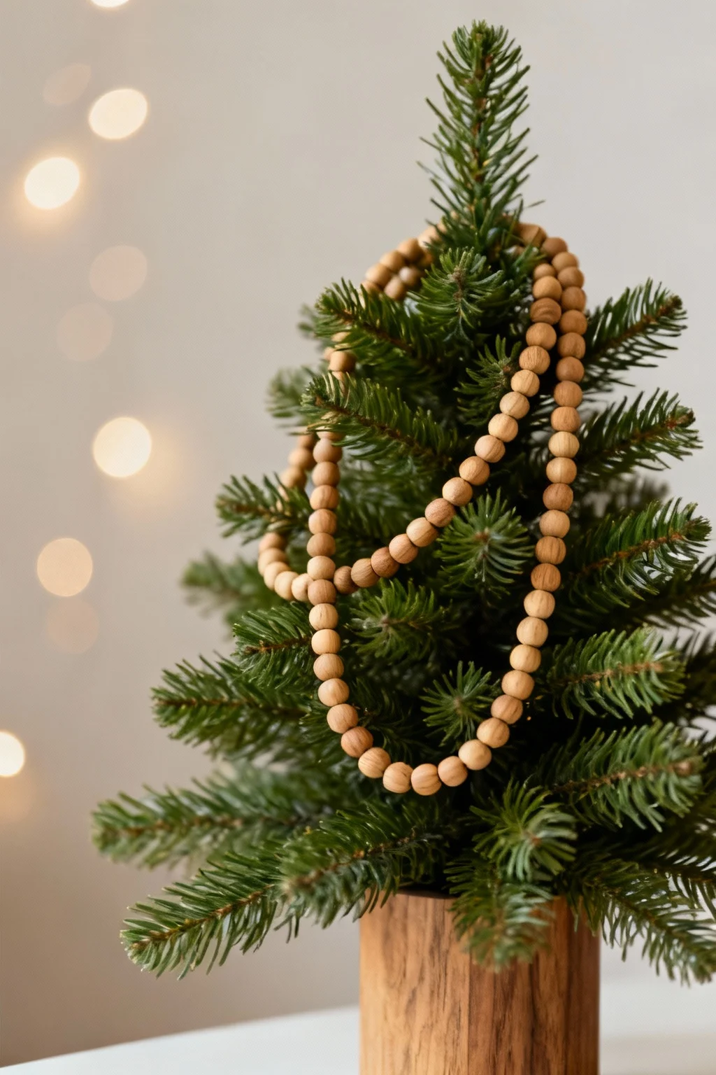 Minimalist Christmas tree decorated with simple natural wooden bead garland