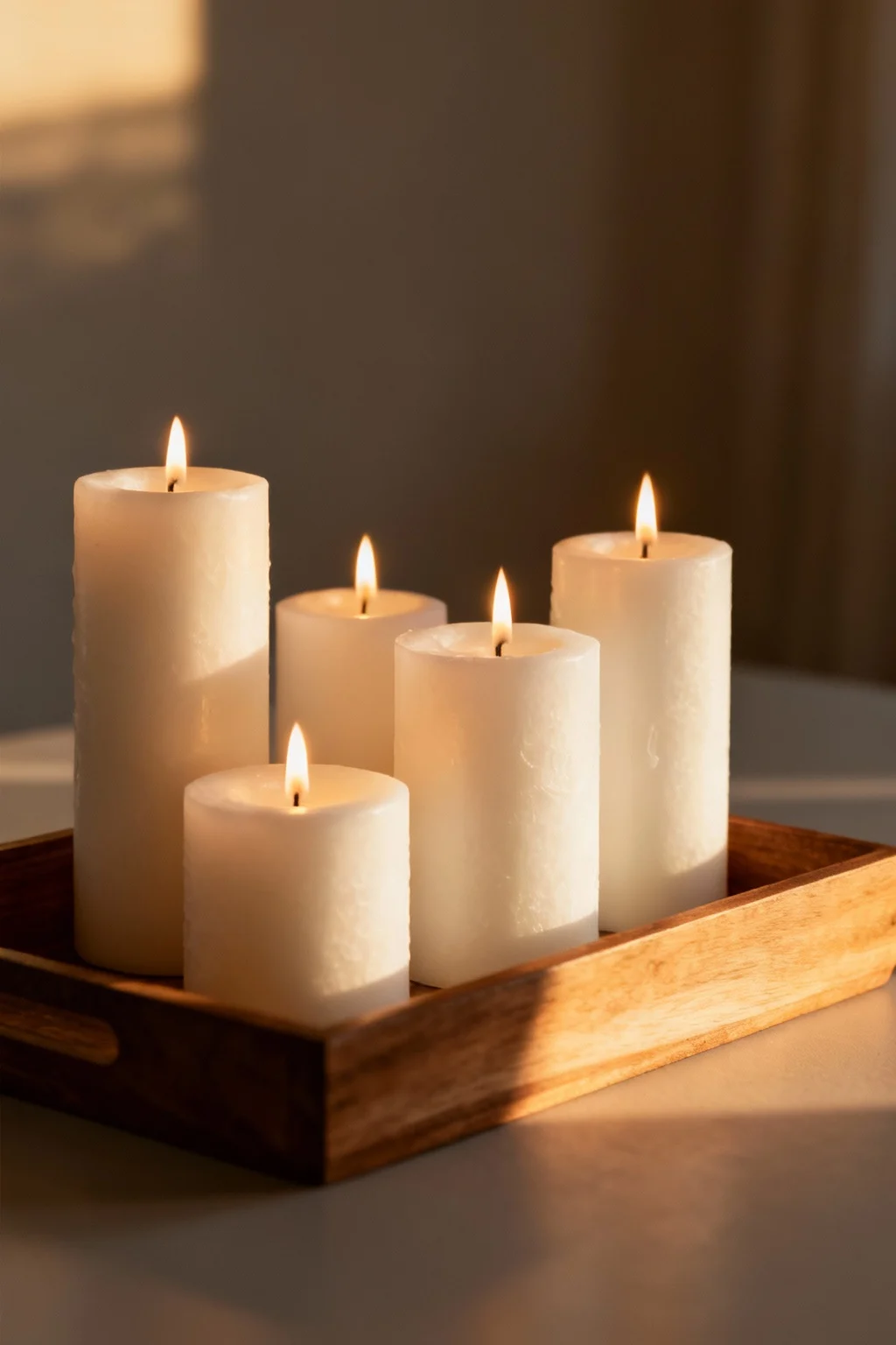 Group of all-white pillar candles creating a calm minimalist Christmas display
