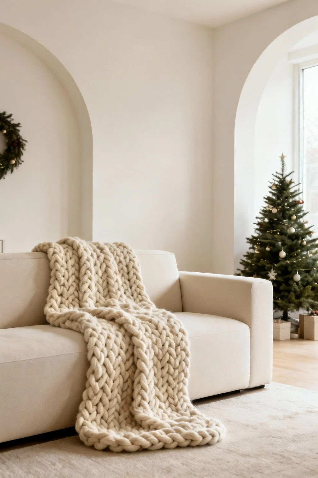 Neutral chunky knit throw blanket adding cozy warmth to a minimalist Christmas living room