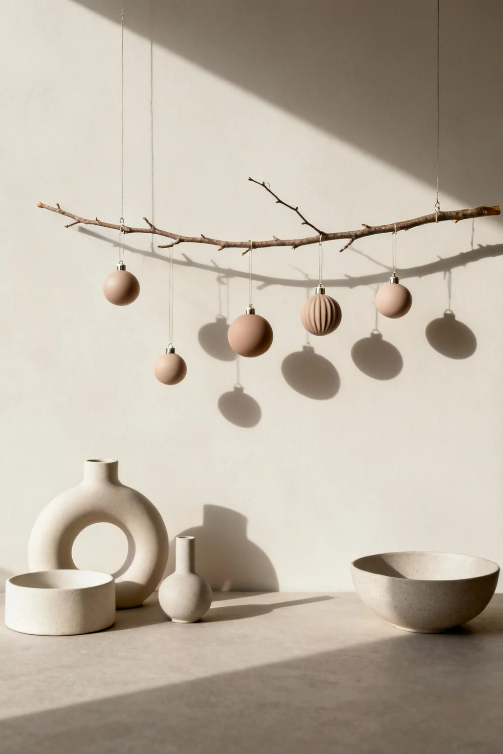 Minimalist display of a bare branch suspended with a few simple Christmas ornaments
