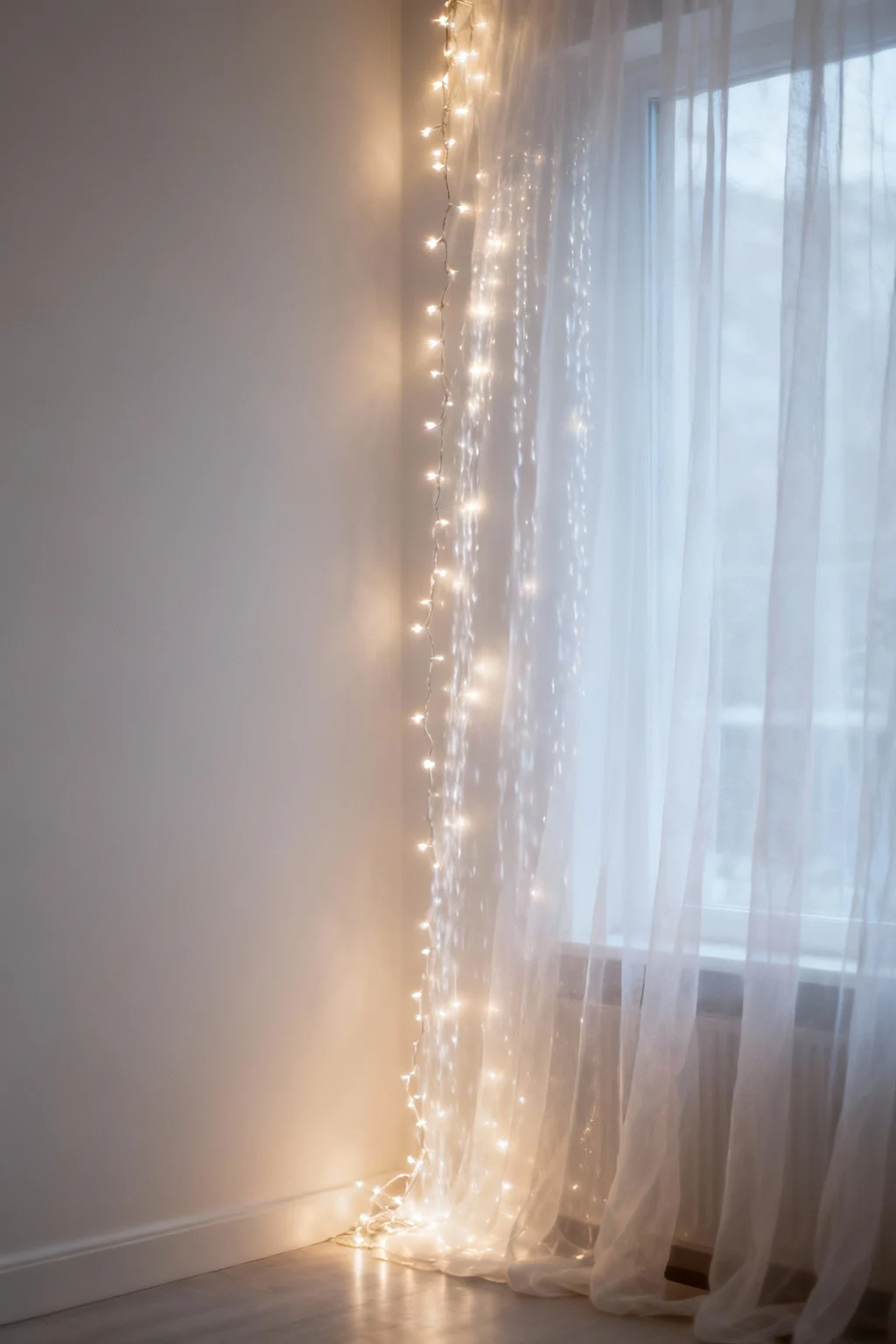 Minimalist wall decorated with sheer curtains and glowing warm string lights for Christmas