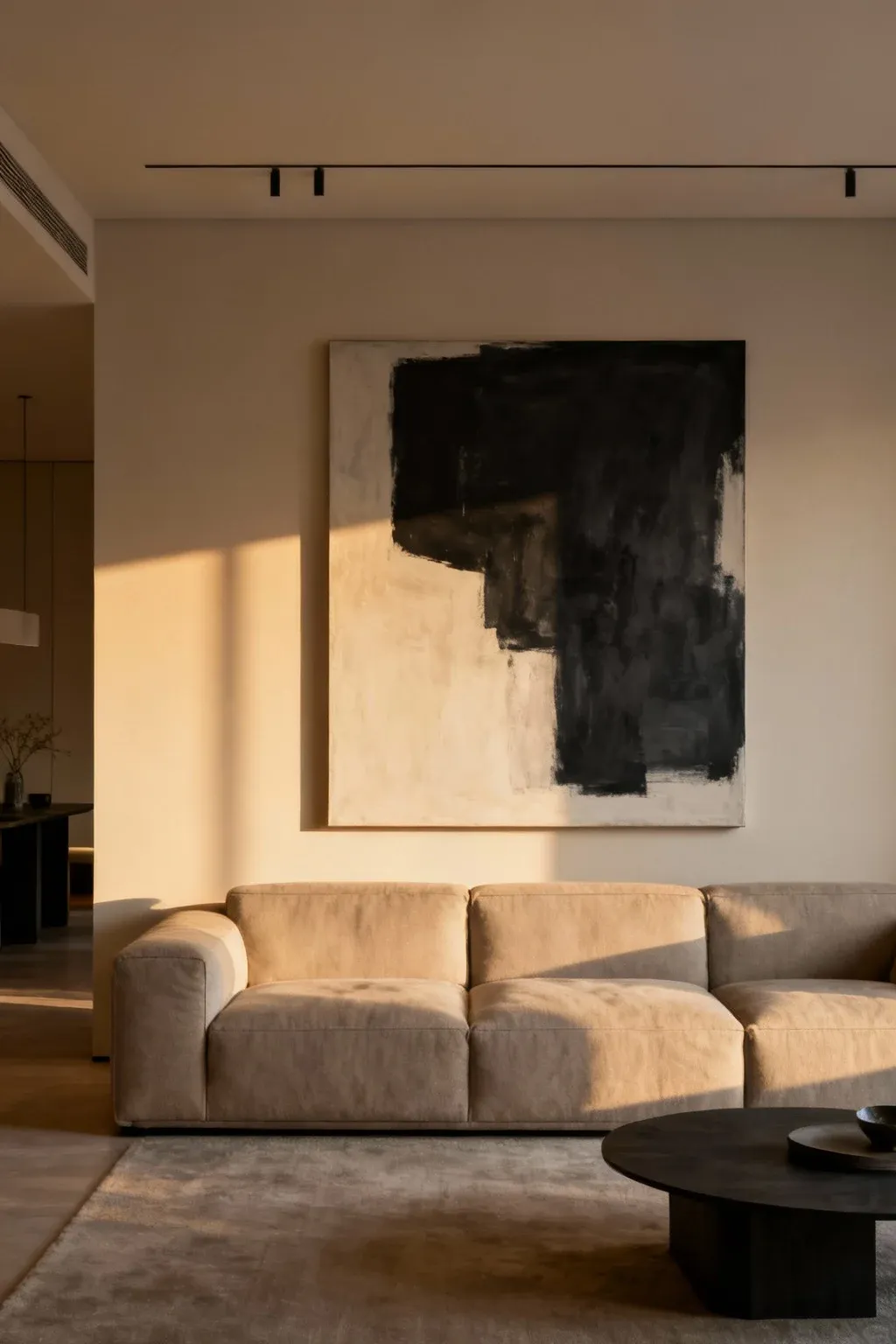 Oversized statement canvas centered above a minimalist sofa in neutral living room décor