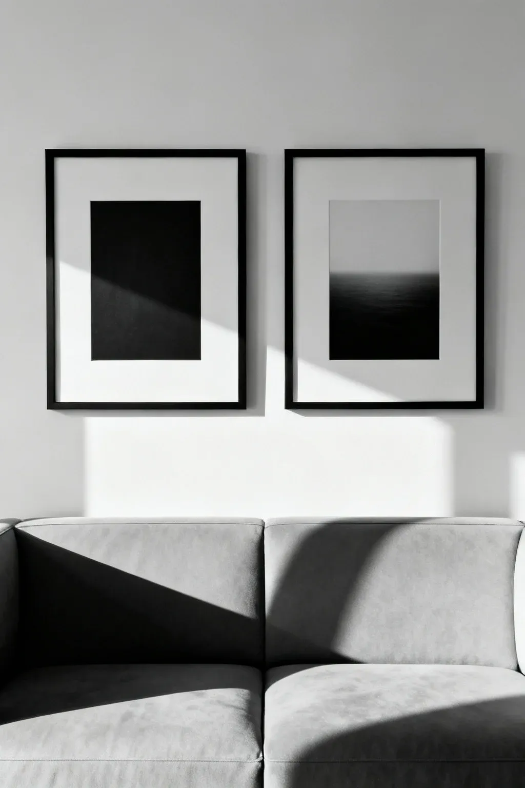 Two framed black and white artworks symmetrically hung above a modern sofa