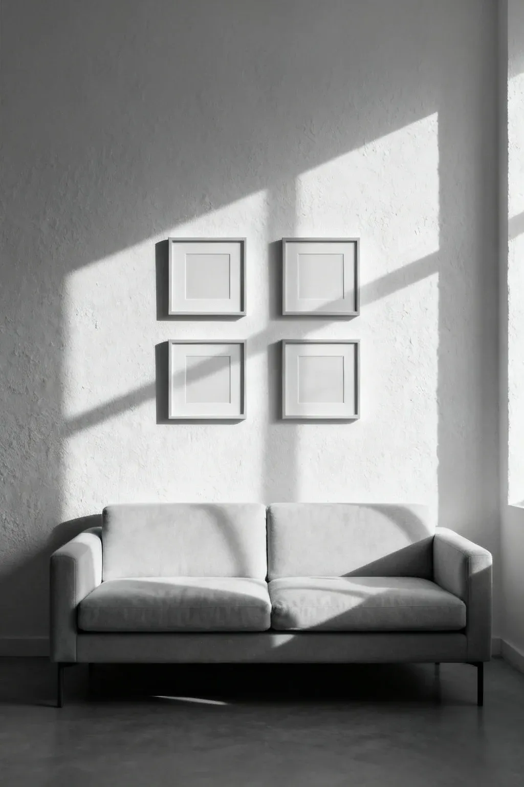 Four square frames hung evenly in a grid pattern above a loveseat