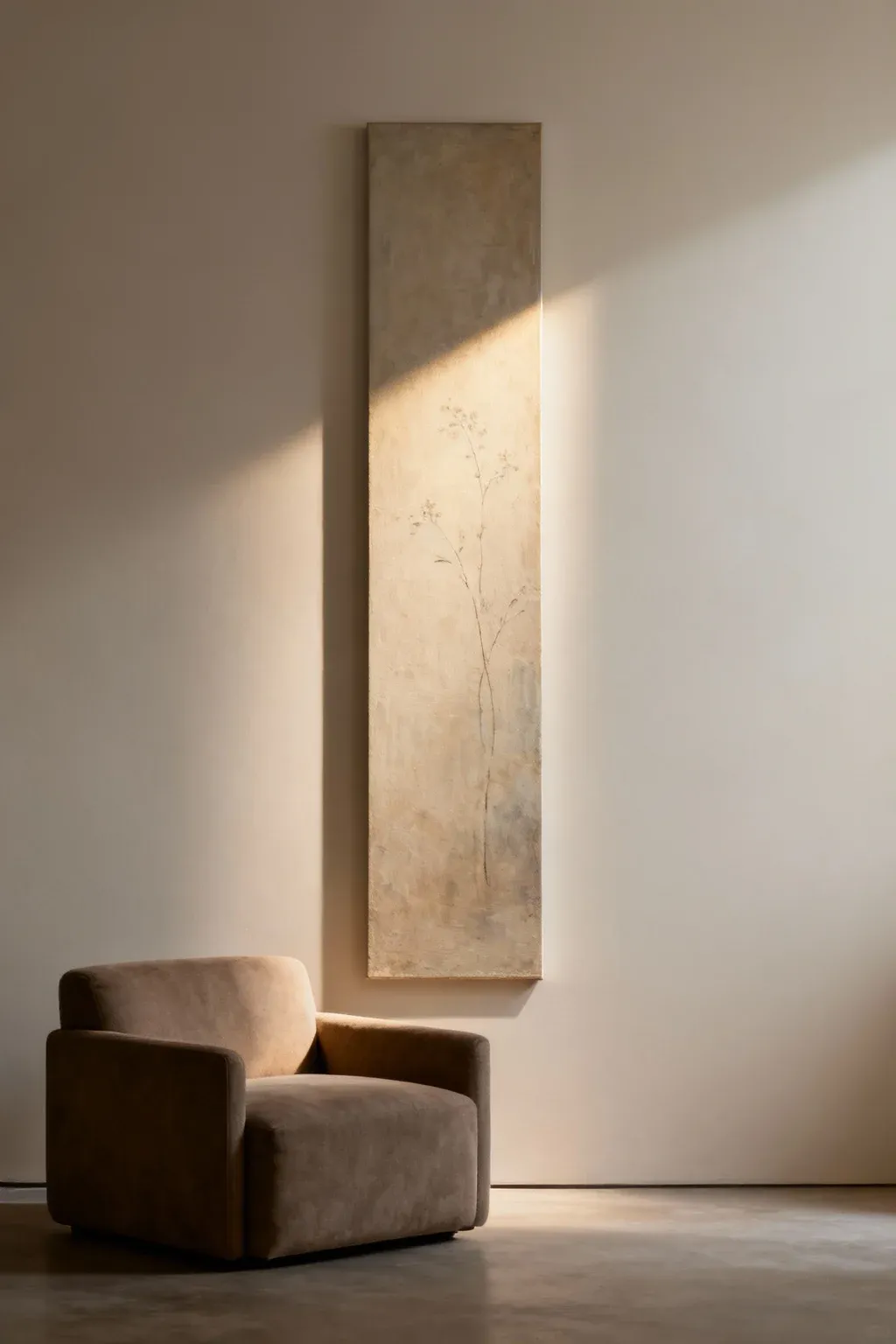 Tall vertical canvas displayed above a sofa on a narrow wall