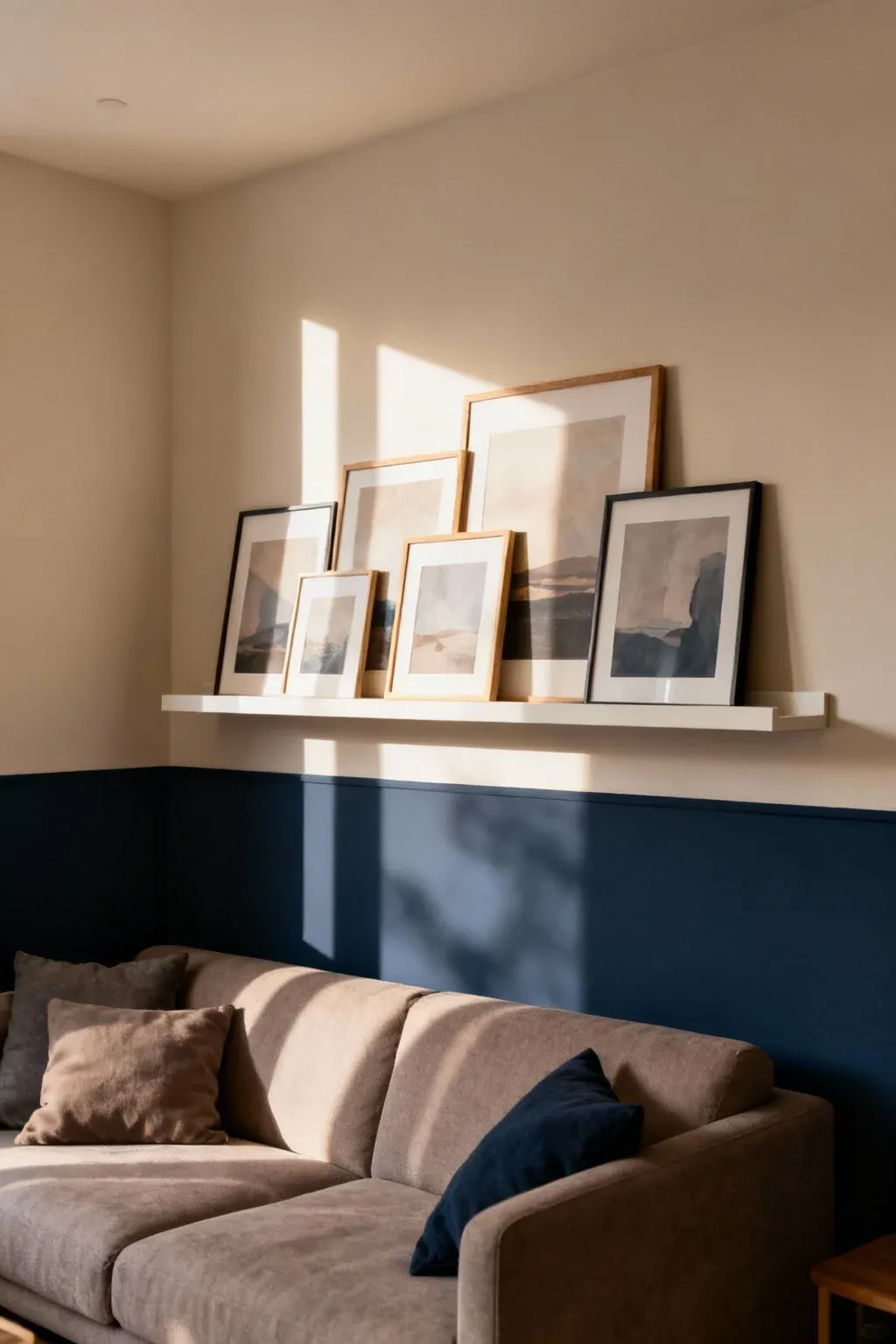 Floating shelf above a sofa with multiple leaning framed prints layered together