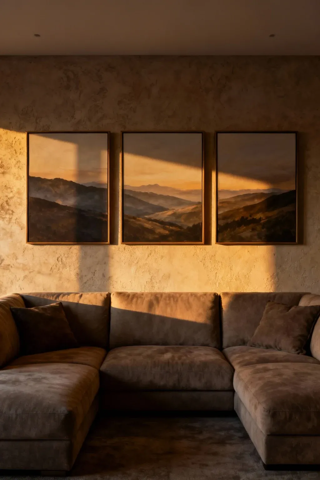 Three-panel triptych landscape artwork displayed above a sectional sofa