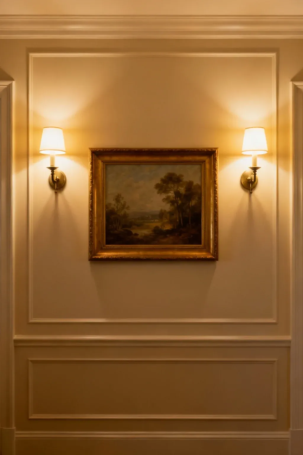 One framed painting centered above a sofa with matching wall sconces on each side