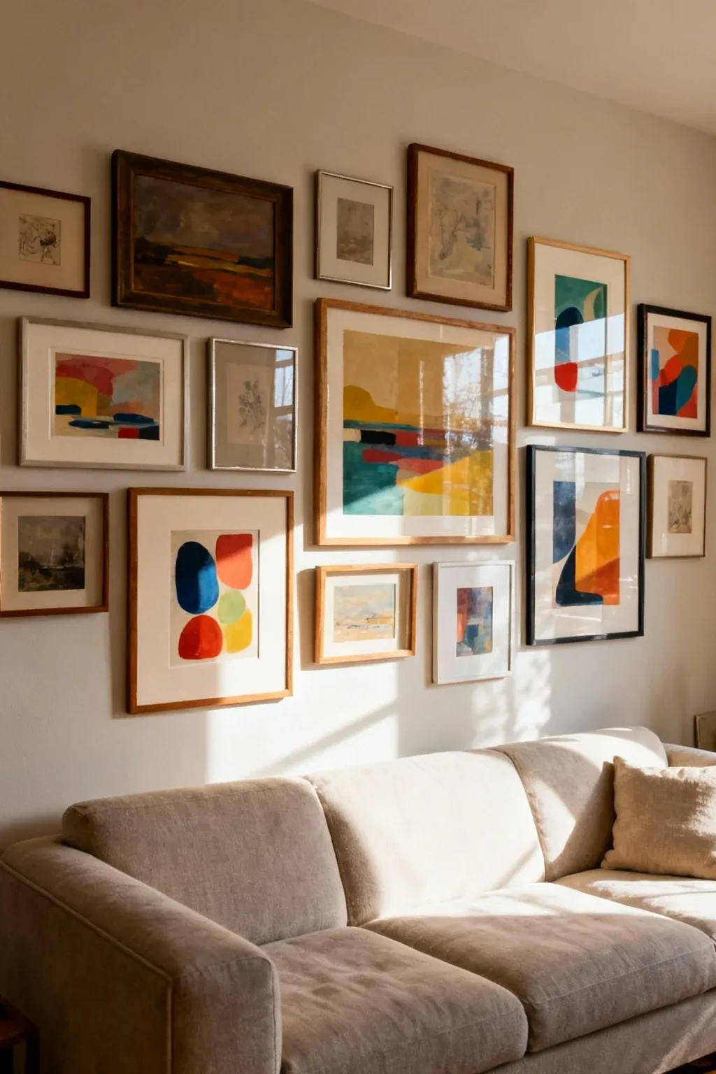 Gallery wall mixing abstract artwork and framed prints arranged above a sofa