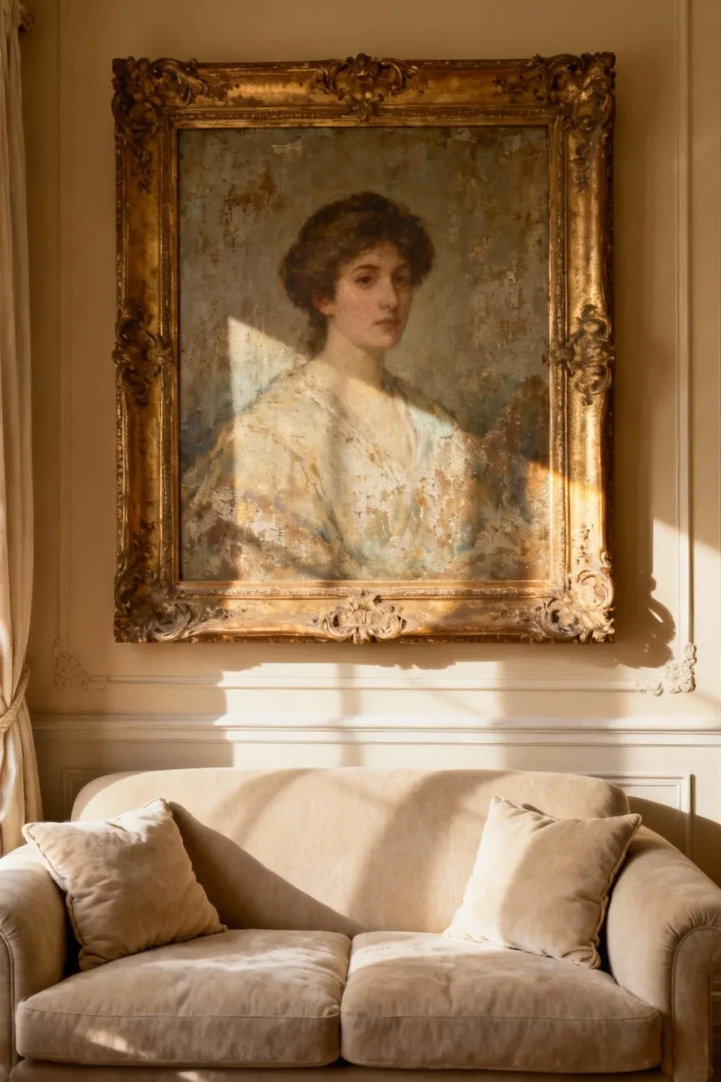 Traditional framed oil painting displayed above a sofa in an elegant European-inspired living room