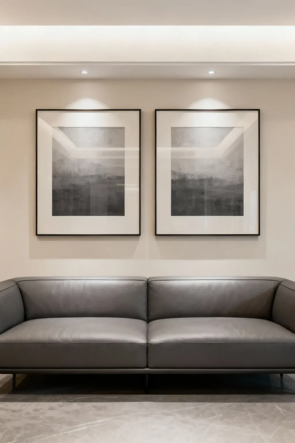 Two large framed artworks hung side by side above a contemporary sofa