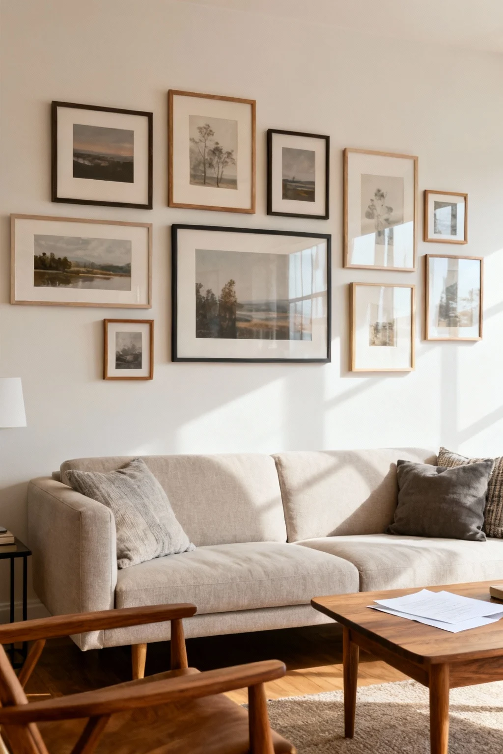 Neutral sofa with layered wall frames of various sizes arranged asymmetrically above it