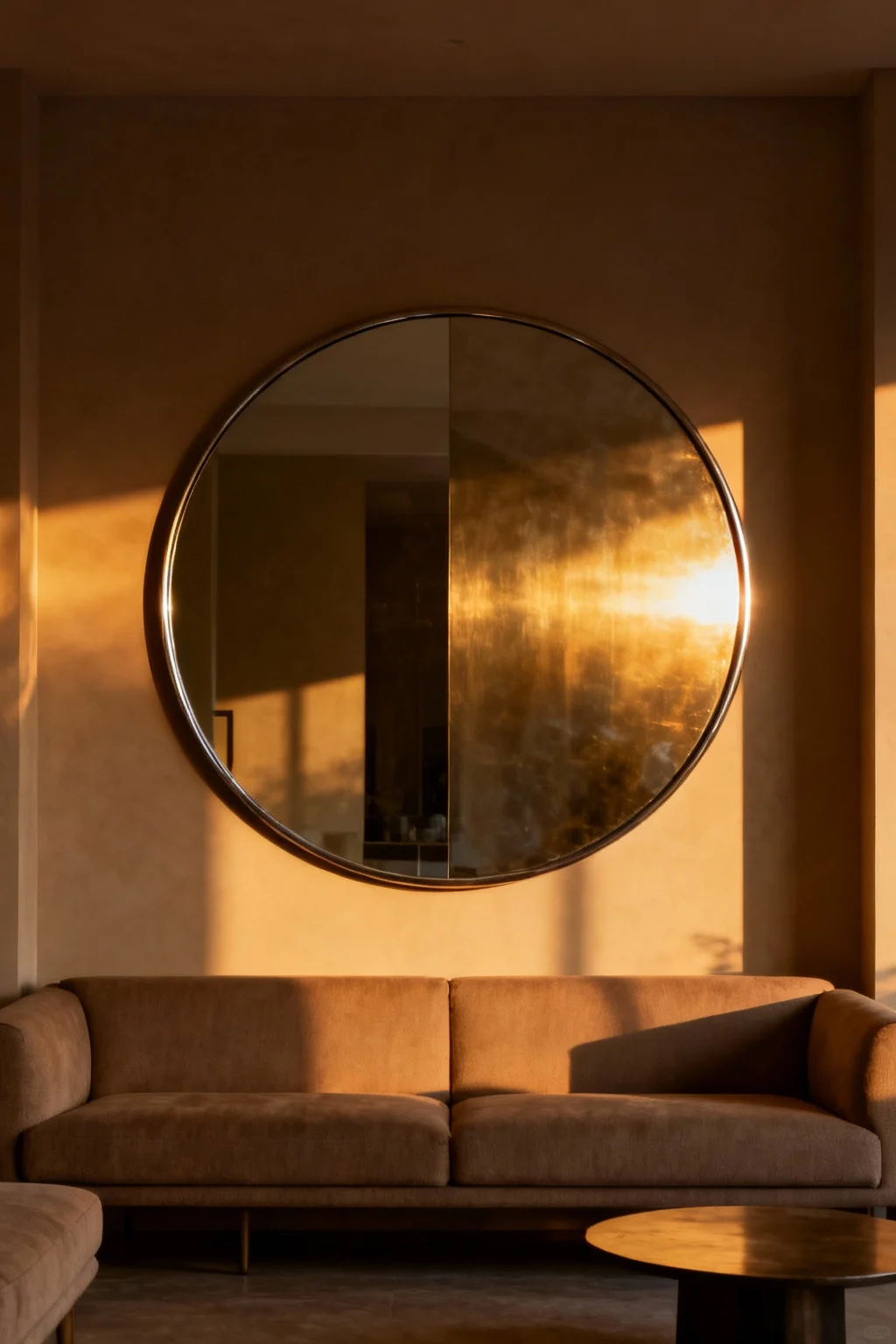 Large round mirror with bold frame hanging above a modern sofa