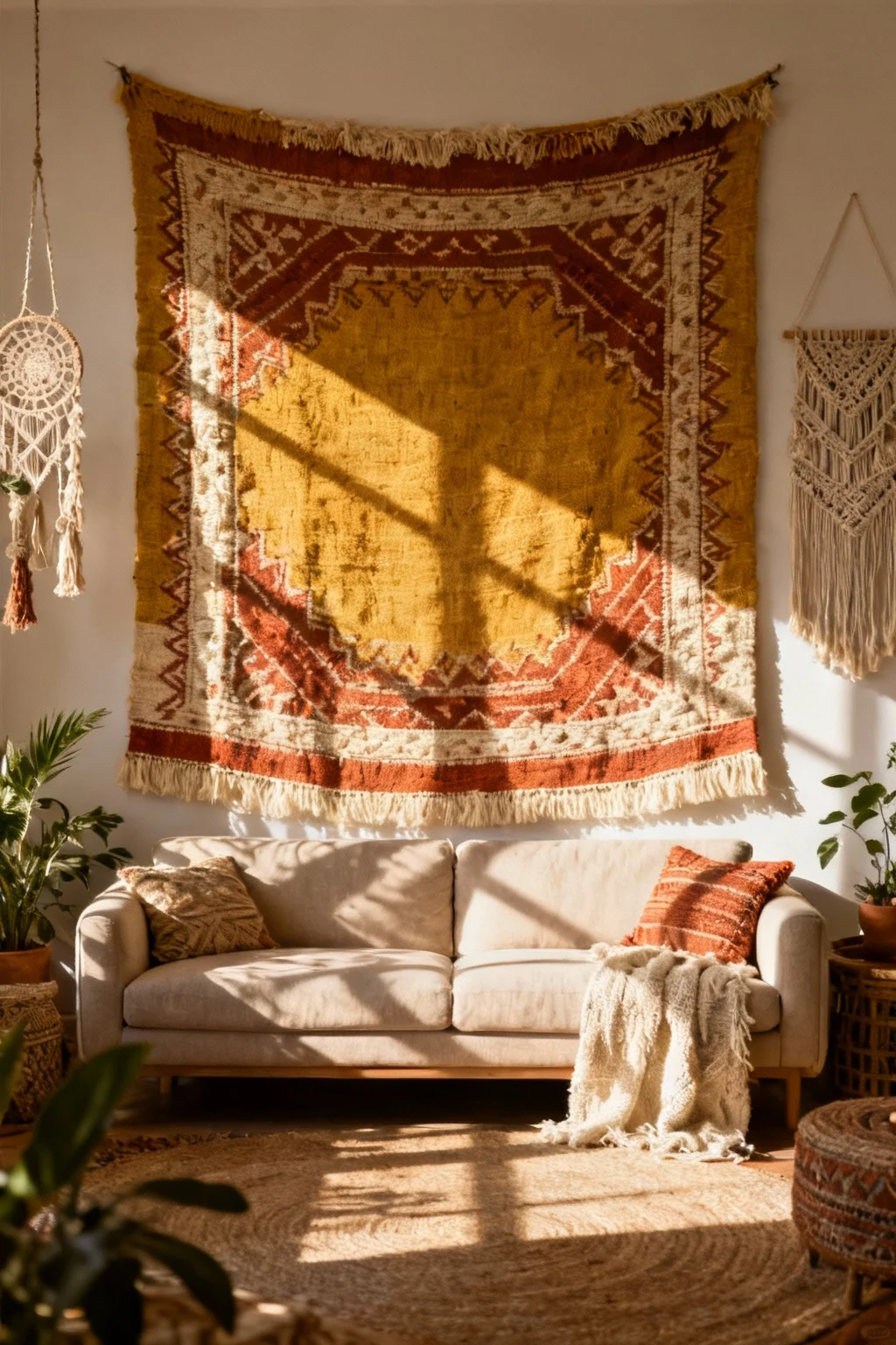 Oversized colorful tapestry displayed above a neutral-toned sofa