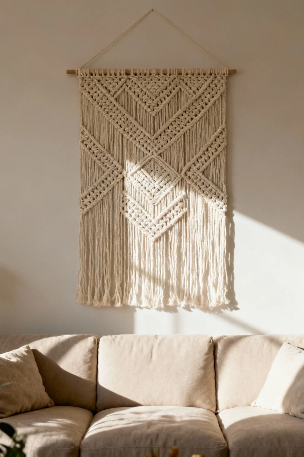 Neutral macramé wall hanging with knotted texture displayed above a sofa