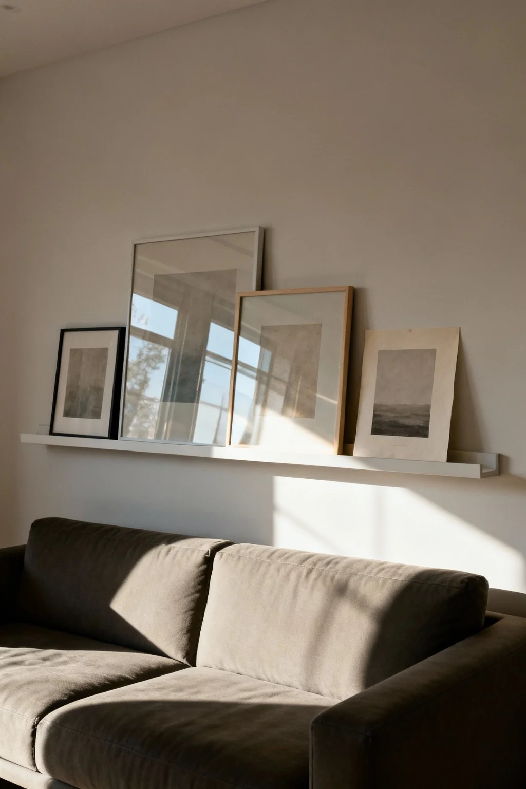 Picture ledge holding framed prints arranged casually above a modern sofa