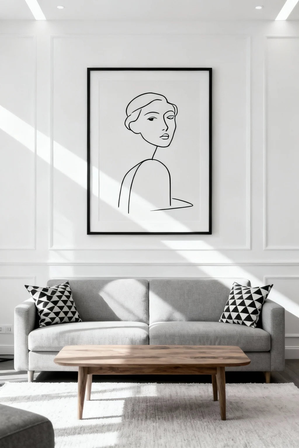 Large minimalist black and white line drawing framed above a sofa