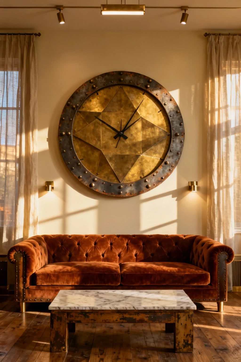 Large decorative wall clock acting as wall art above a sofa