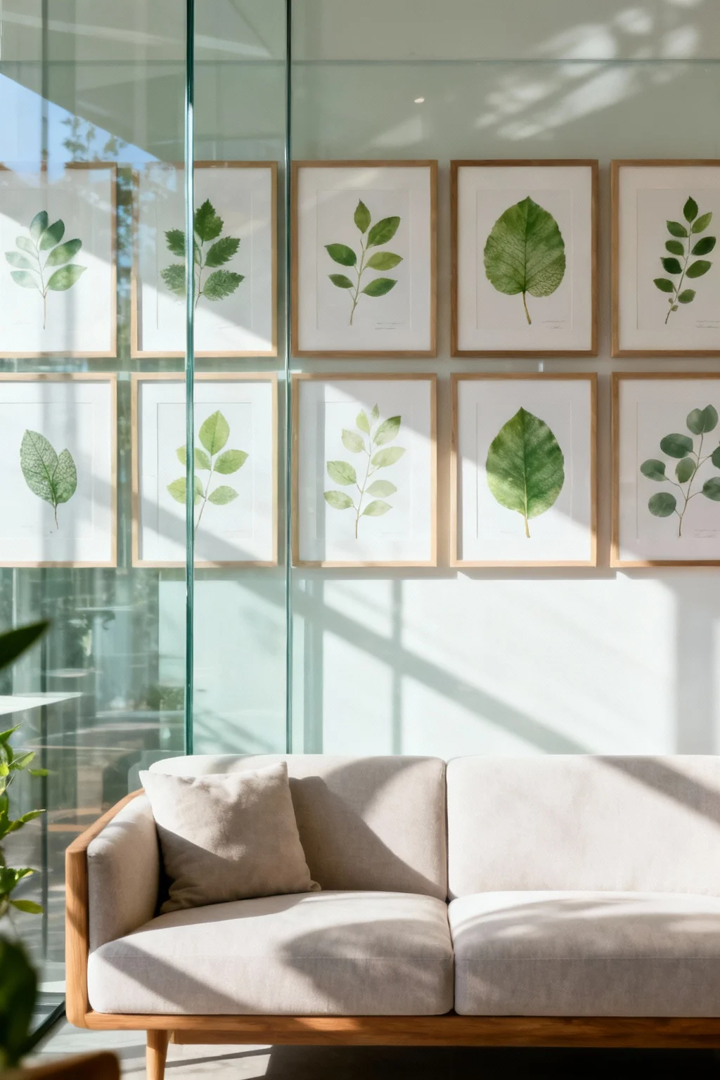 Collection of framed botanical prints evenly arranged above a sofa