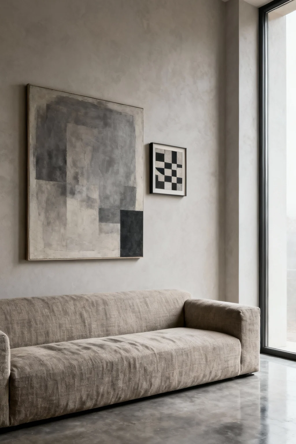 Asymmetrical wall art arrangement displayed above a sofa