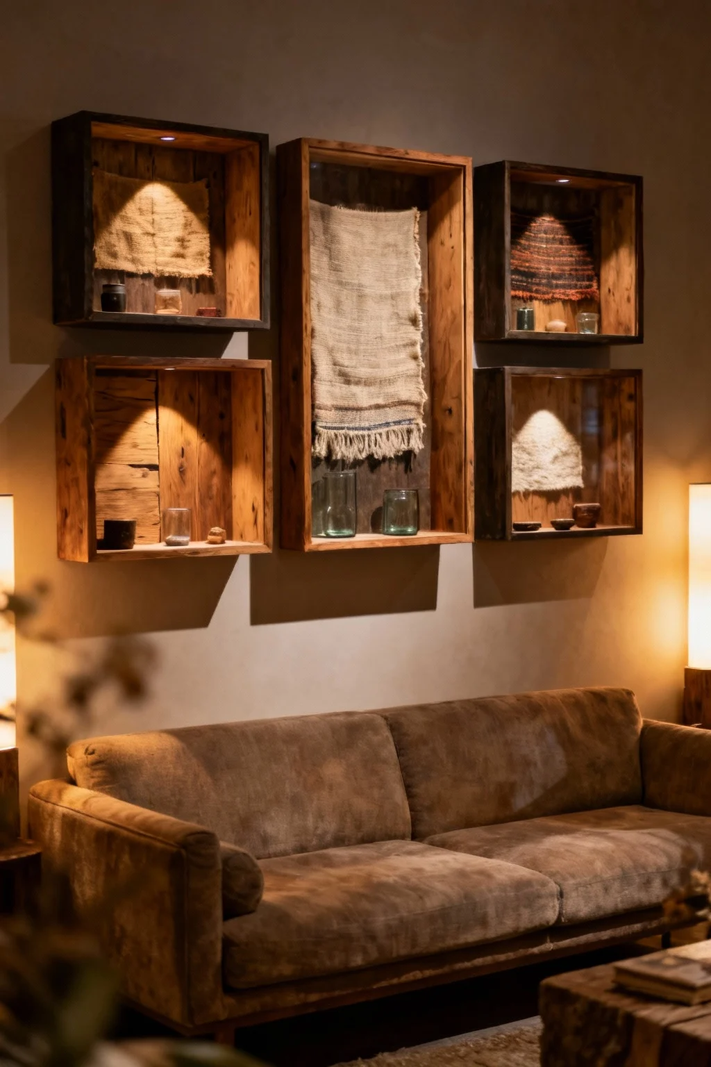 Shadow boxes filled with decorative objects hung above a sofa