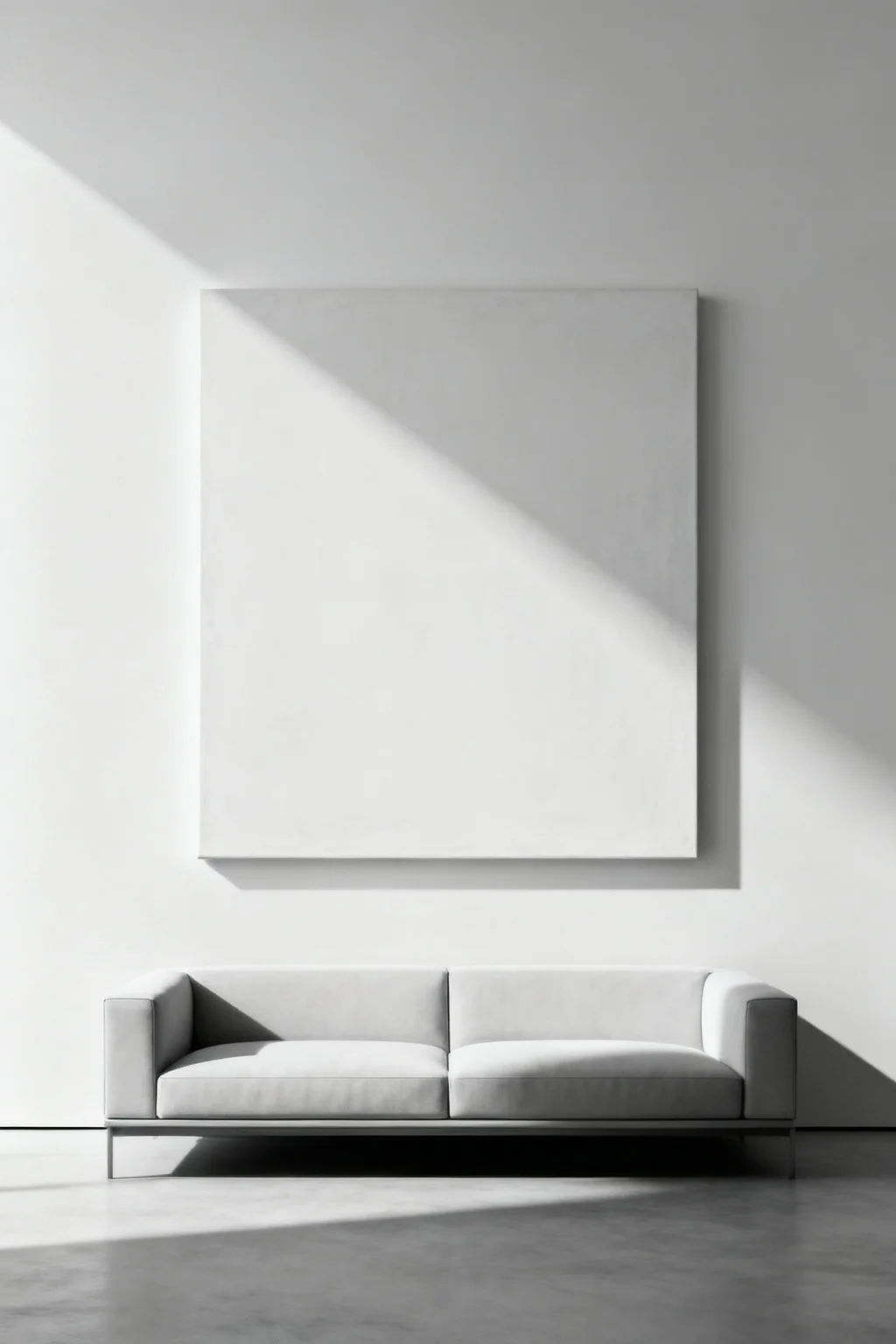 Floating-mounted canvas artwork displayed above a modern sofa