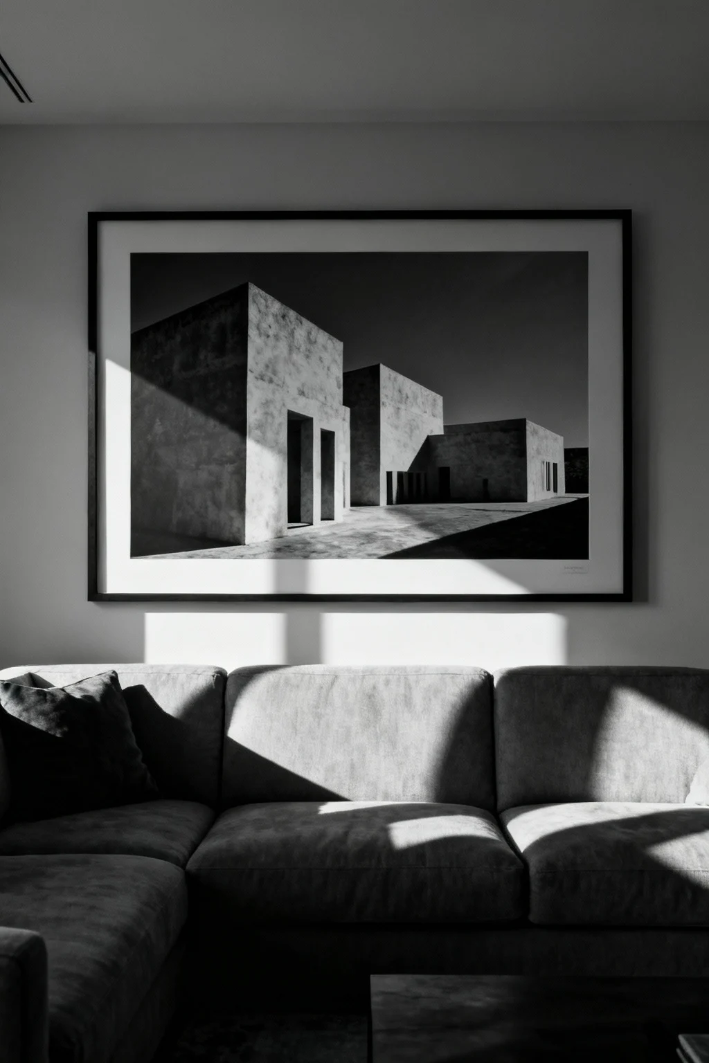 Oversized black and white photograph framed above a sofa