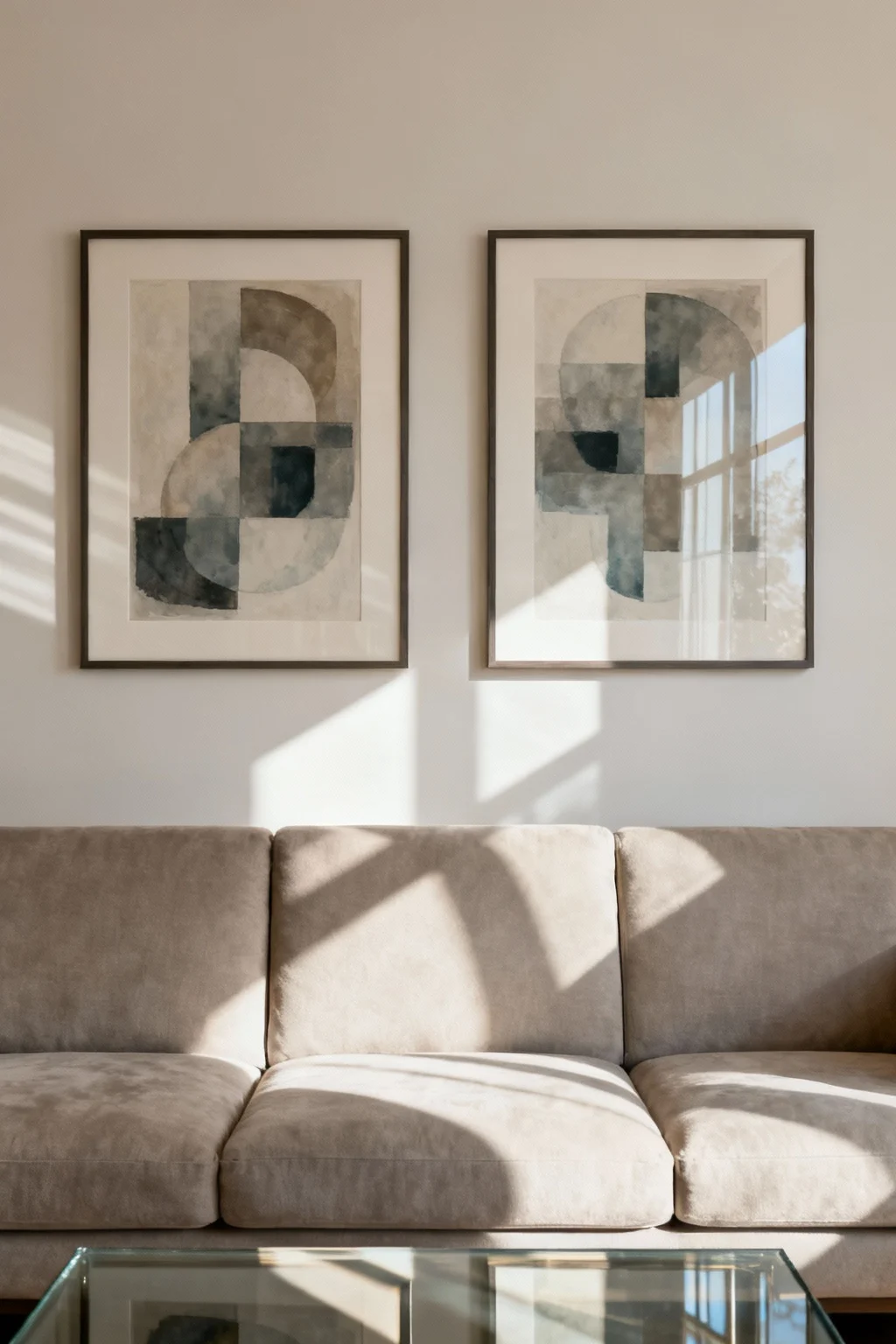 Two framed artworks arranged as a diptych above a sofa