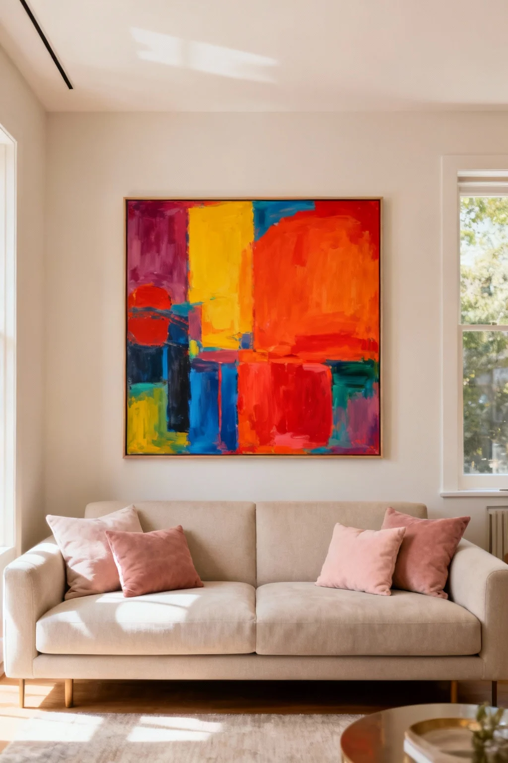 Colorful artwork above a neutral sofa adding a vibrant accent