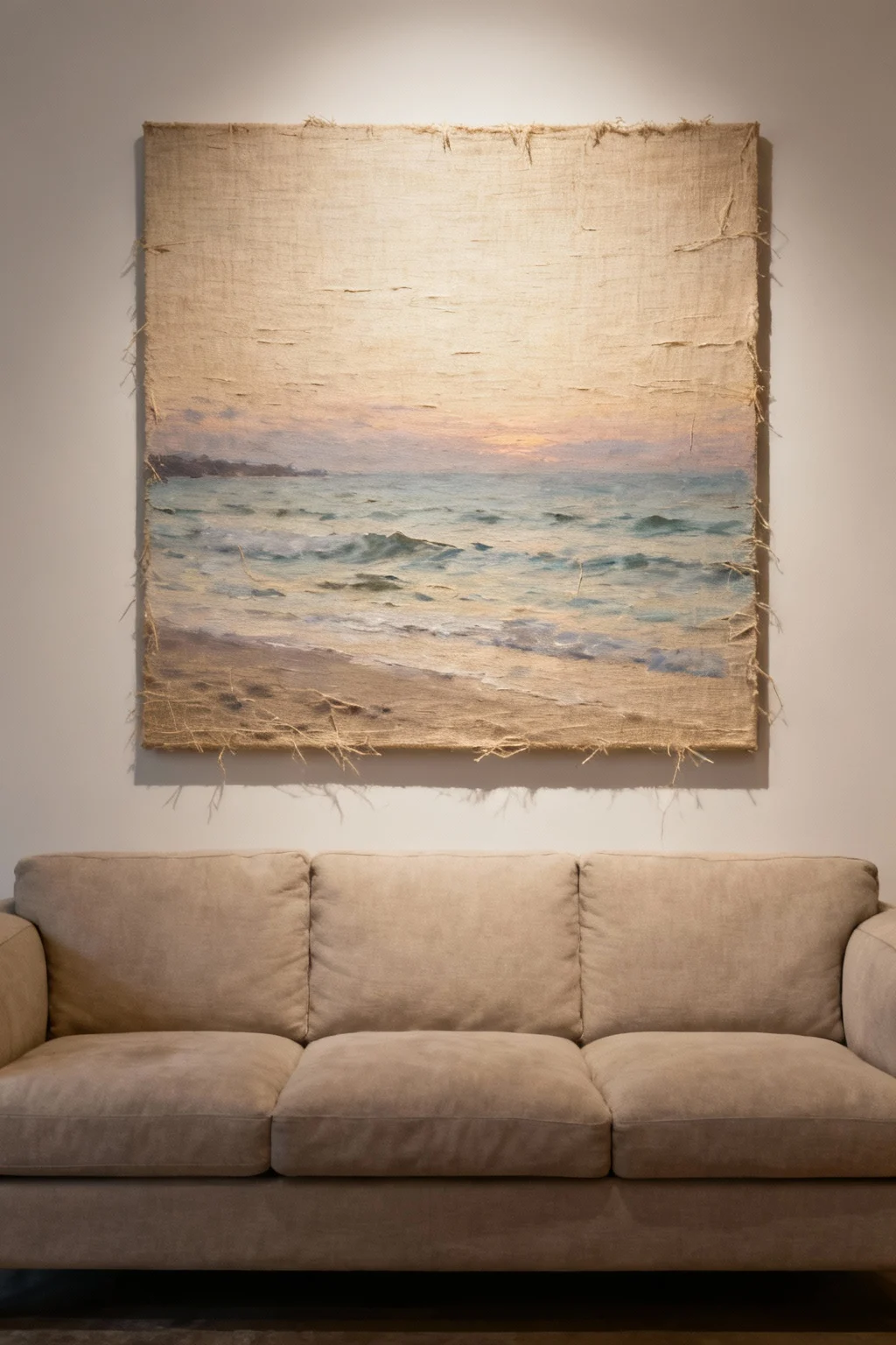 Frameless canvas artwork displayed above a sofa