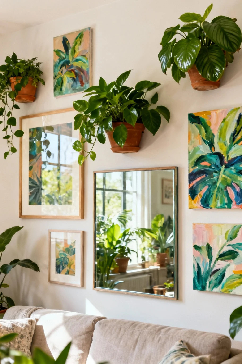 Wall art combined with greenery creatively arranged above a sofa