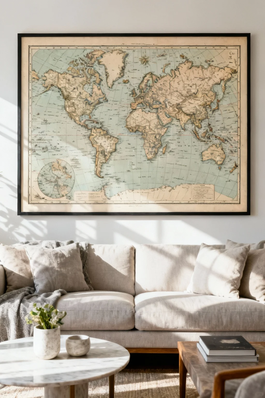 Large framed vintage-style map artwork displayed above a sofa