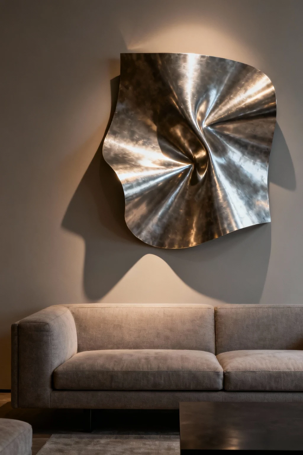 Modern metal wall sculpture creating dimensional effect above sofa