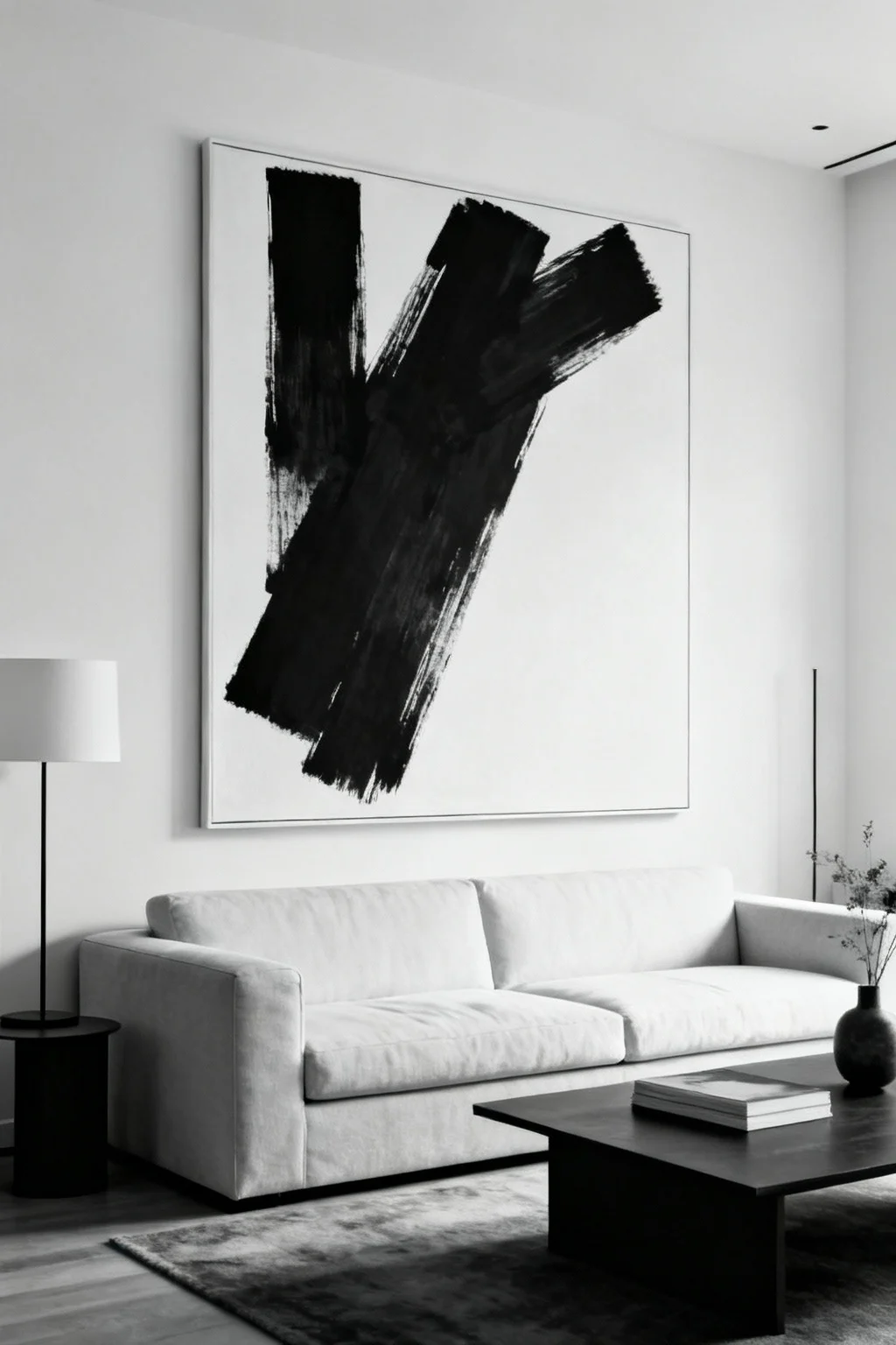 Oversized monochrome abstract artwork displayed above sofa