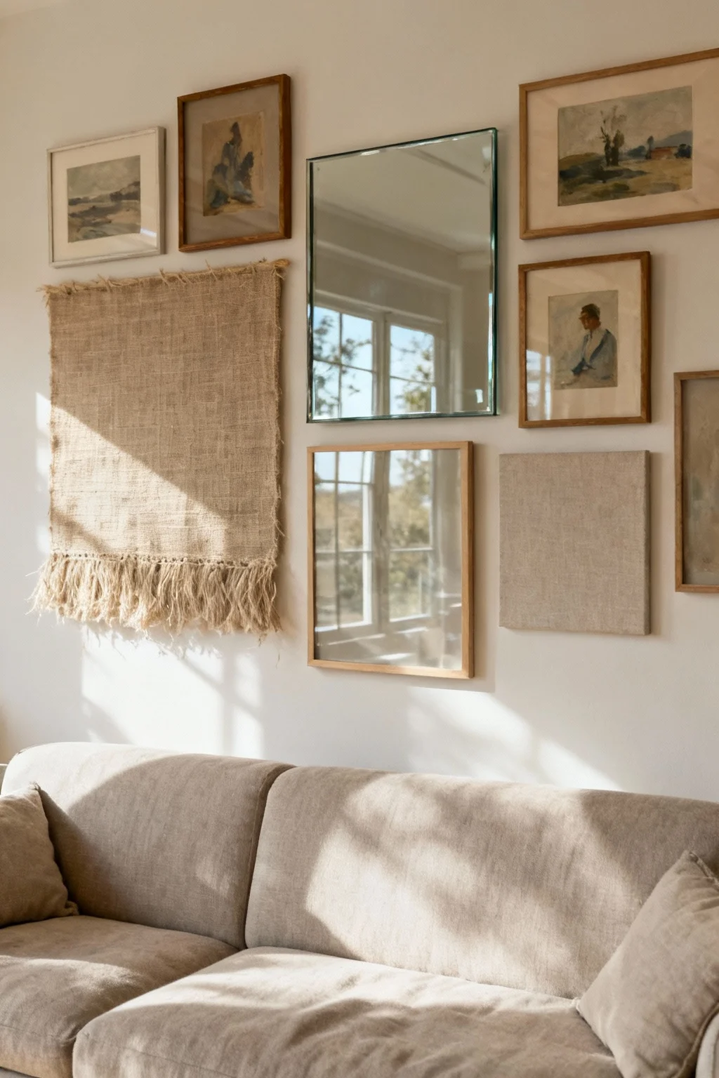 Combination of framed and frameless canvas artworks arranged above sofa