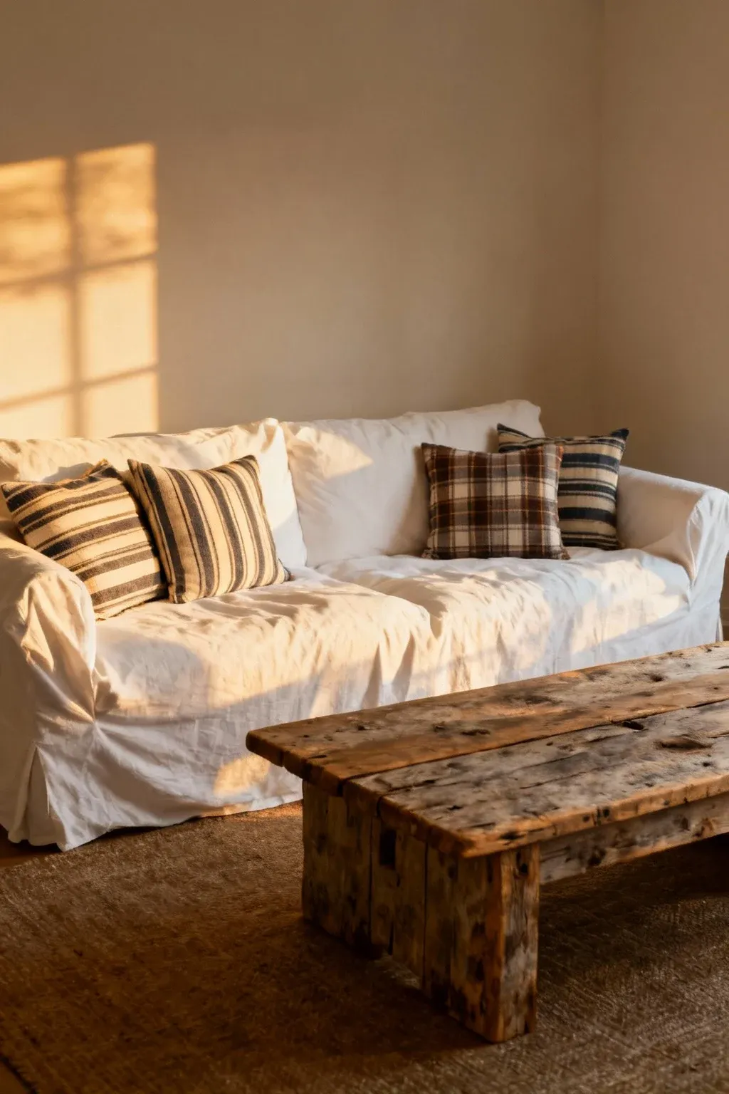 White slipcovered farmhouse sofa with rustic wood coffee table and plaid pillows in cozy living room