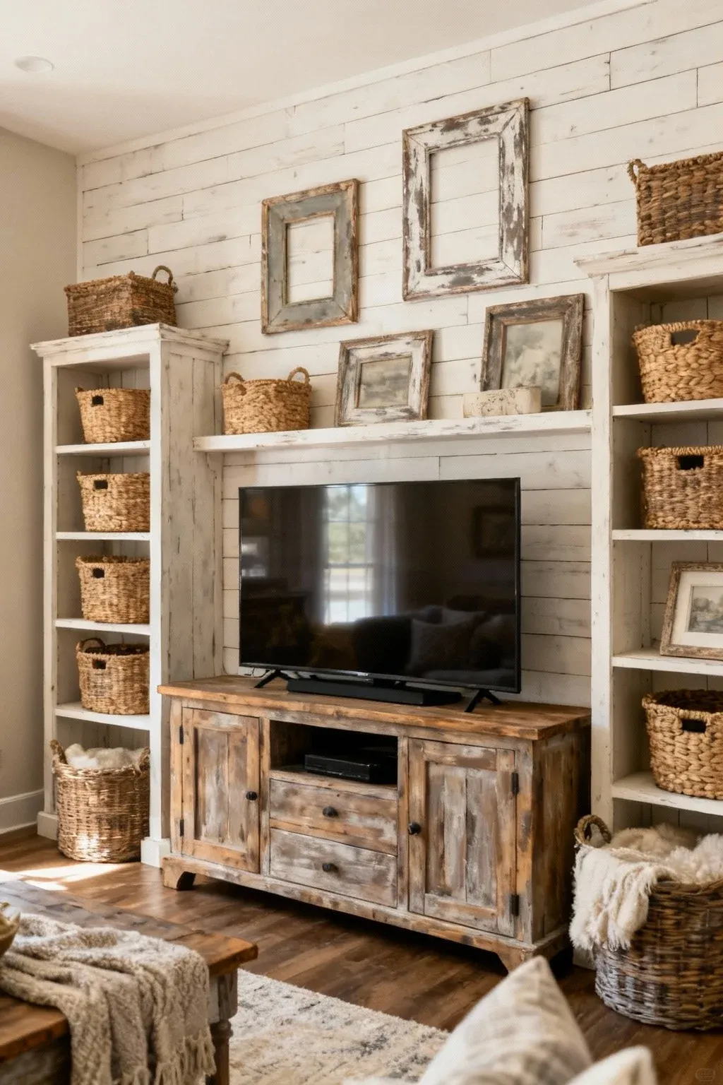 Farmhouse living room with shiplap accent wall behind TV stand and rustic decor elements