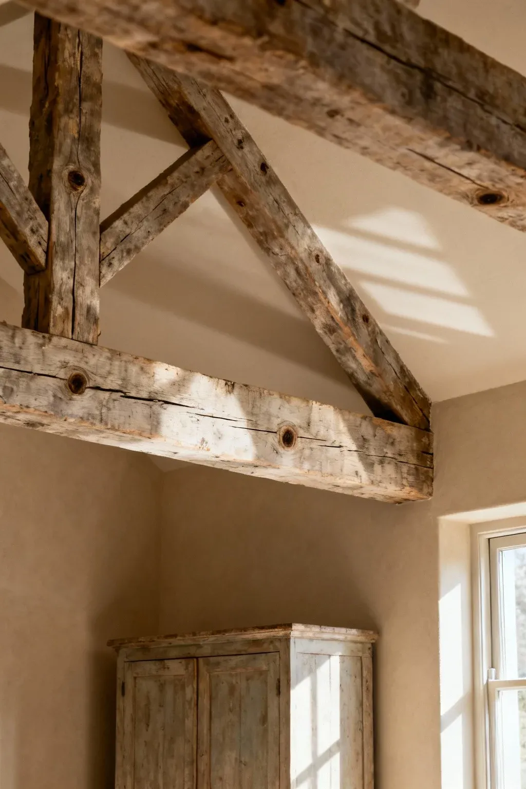Living room with exposed distressed wood ceiling beams and neutral painted walls