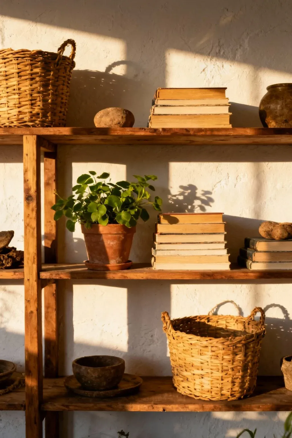 Farmhouse bookshelf styled with woven baskets, books, and greenery for warm rustic decor