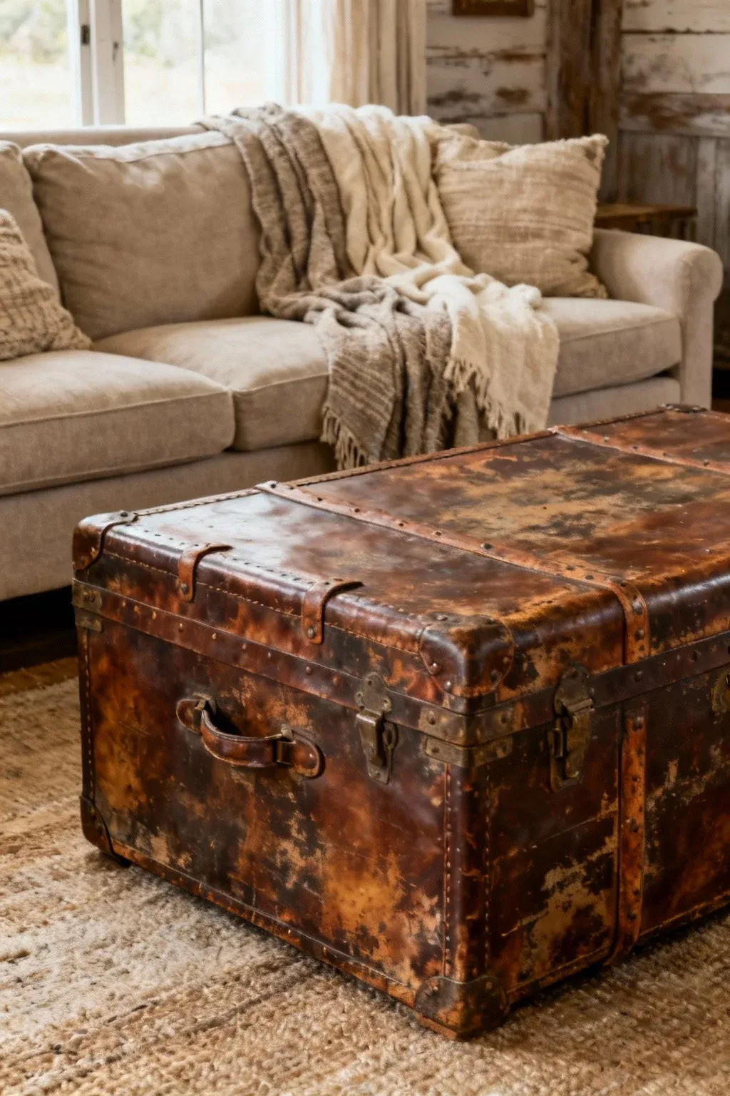 Vintage trunk used as rustic farmhouse coffee table with weathered wood texture