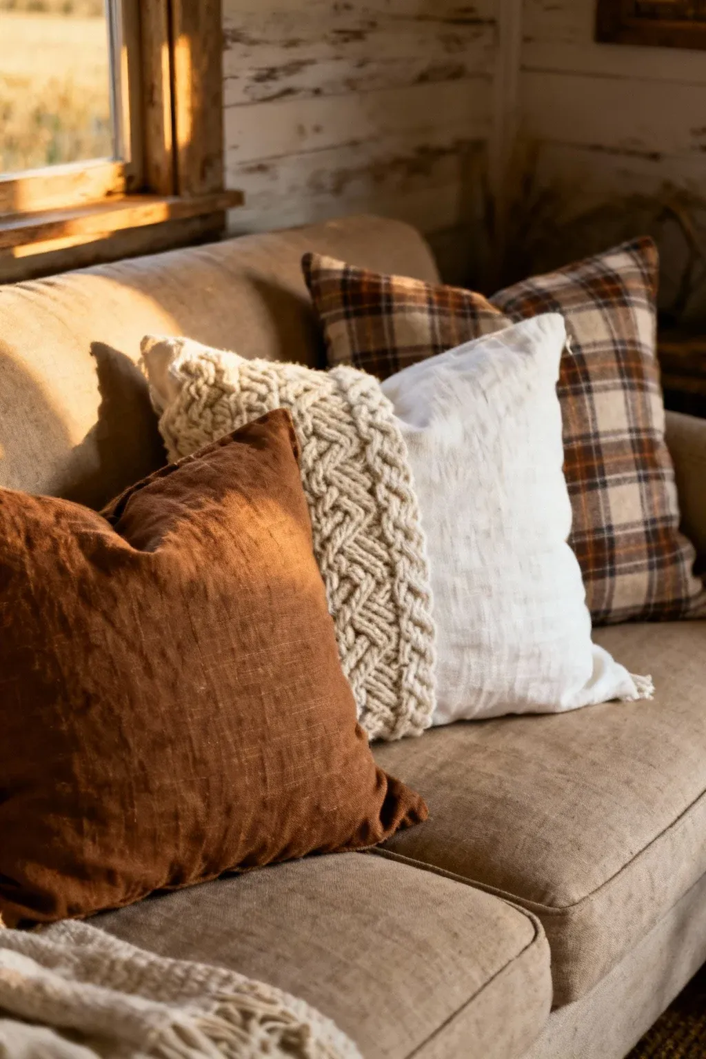 Brown and white farmhouse throw pillows with layered knit, linen, and plaid textures