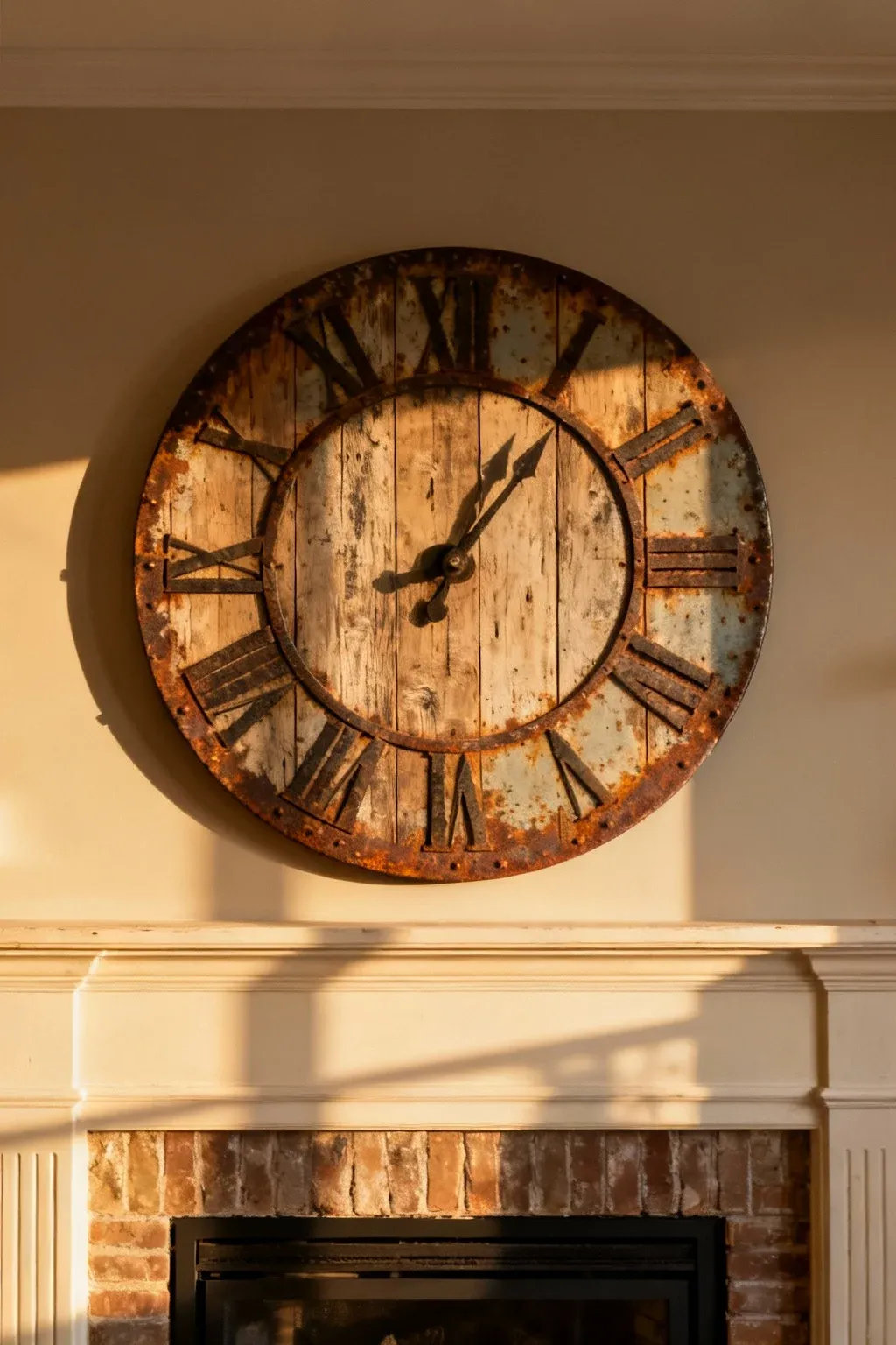 Oversized rustic farmhouse clock mounted on wall above mantel with distressed wood details