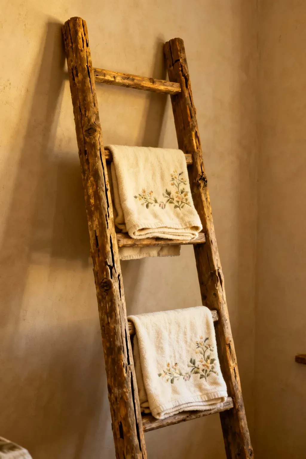 Farmhouse corner with weathered wooden ladder used as blanket storage display