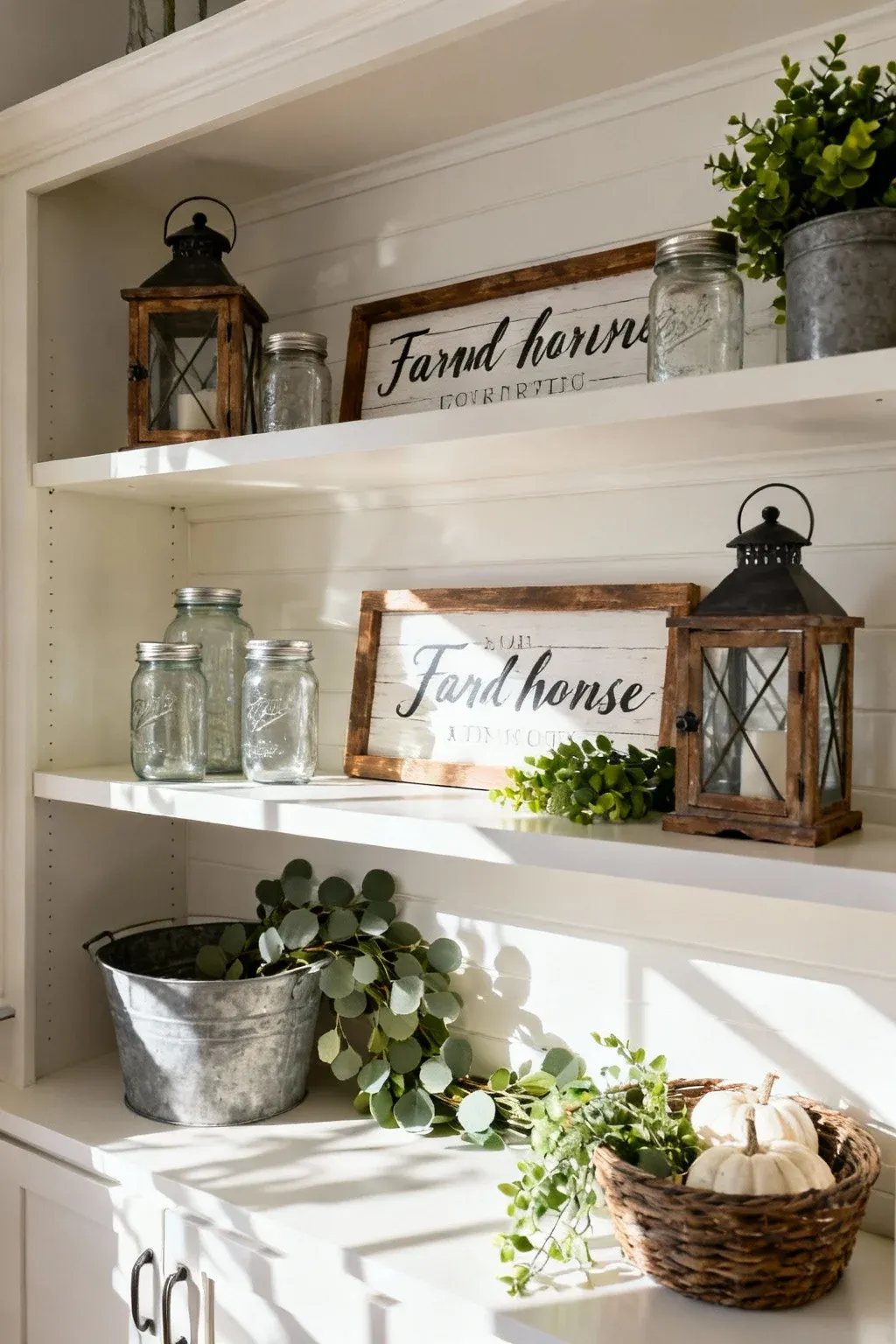 Open farmhouse shelves with mason jars, lanterns, wooden signs, and greenery decor