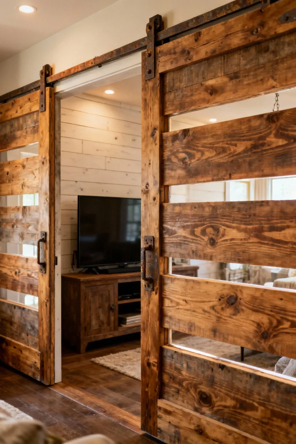 Farmhouse TV area with rustic reclaimed wood sliding barn doors against shiplap wall