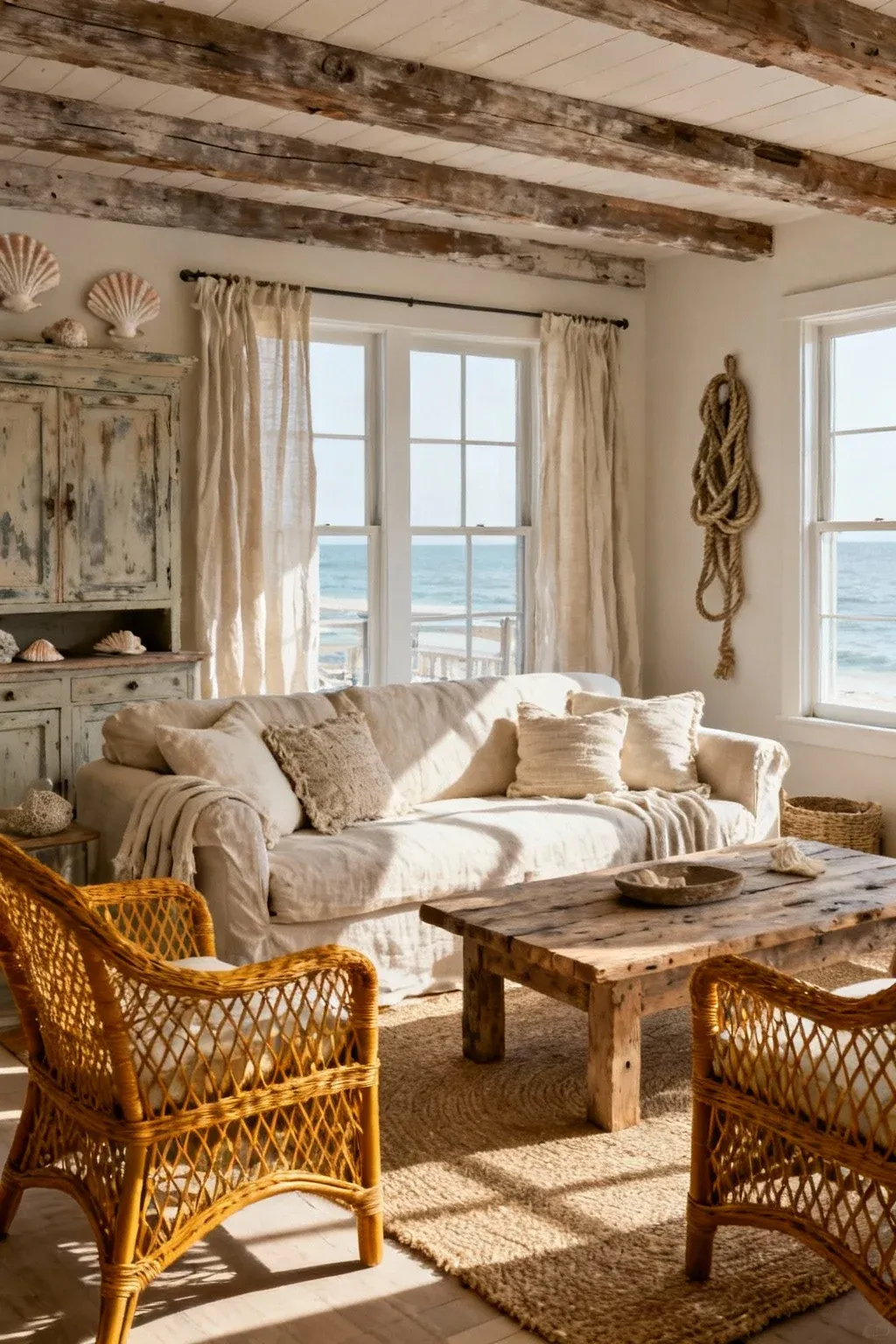 Farmhouse living room with linen sofa and natural wicker chairs for cozy rustic charm