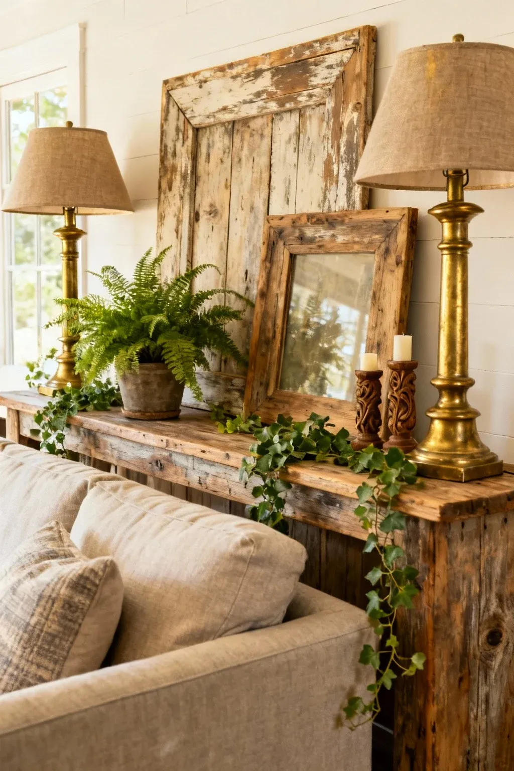 Rustic console table behind farmhouse sofa styled with greenery and vintage accents