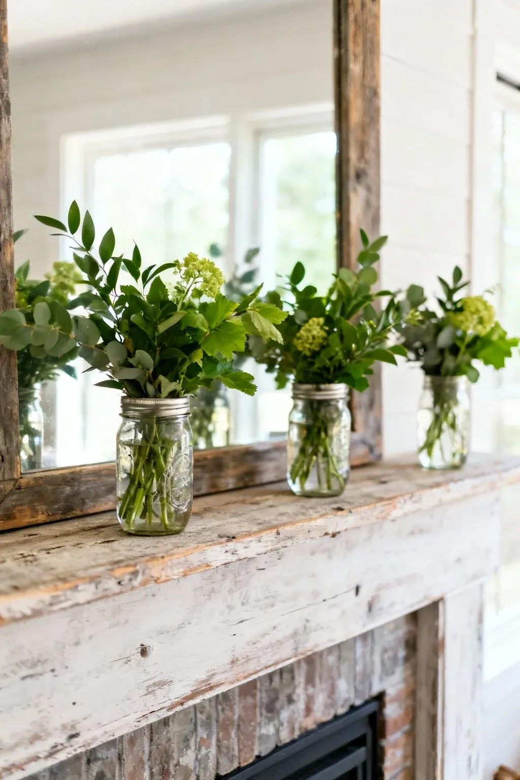 Farmhouse mantel decorated with mason jar vases filled with fresh greenery