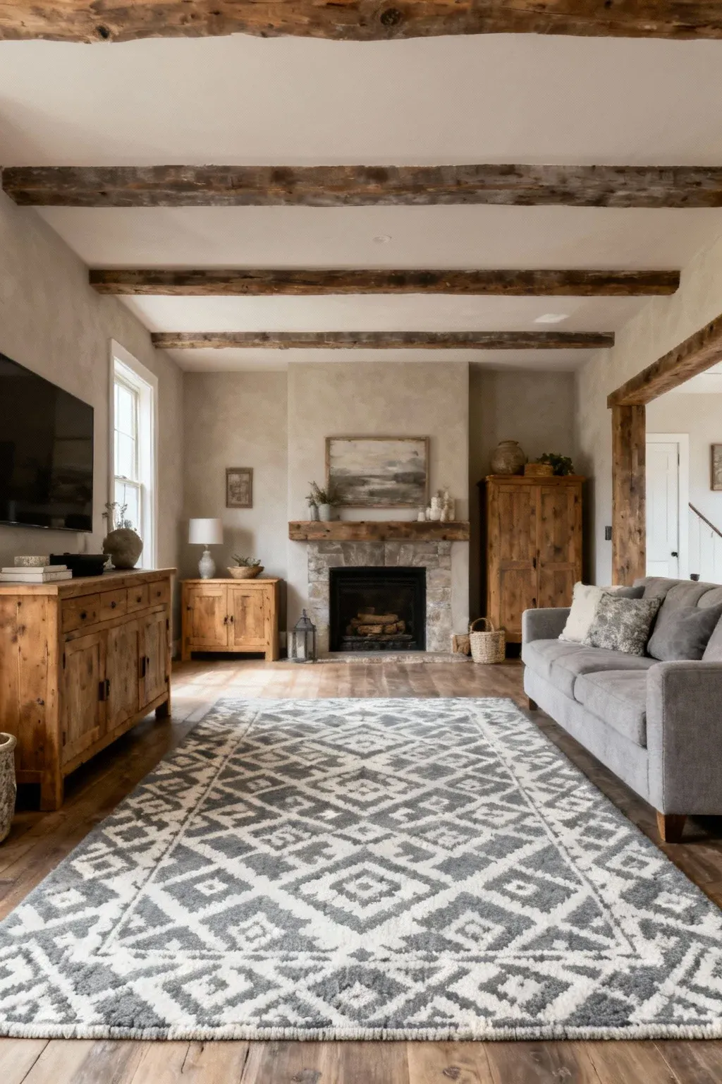 Gray and white patterned farmhouse rug in rustic living room setting
