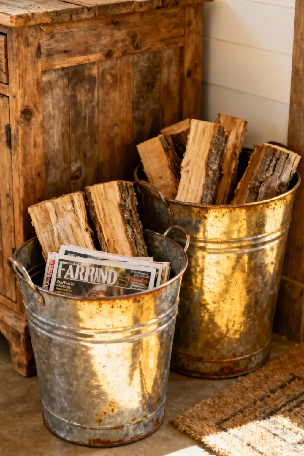 Galvanized metal farmhouse buckets used for rustic living room storage
